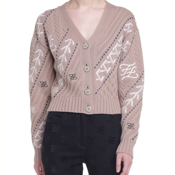 FENDI Karligraphy Cable-Knit Wool Cashmere Button-Front Crop Cardigan $1,980.00 - Picture 1 of 3